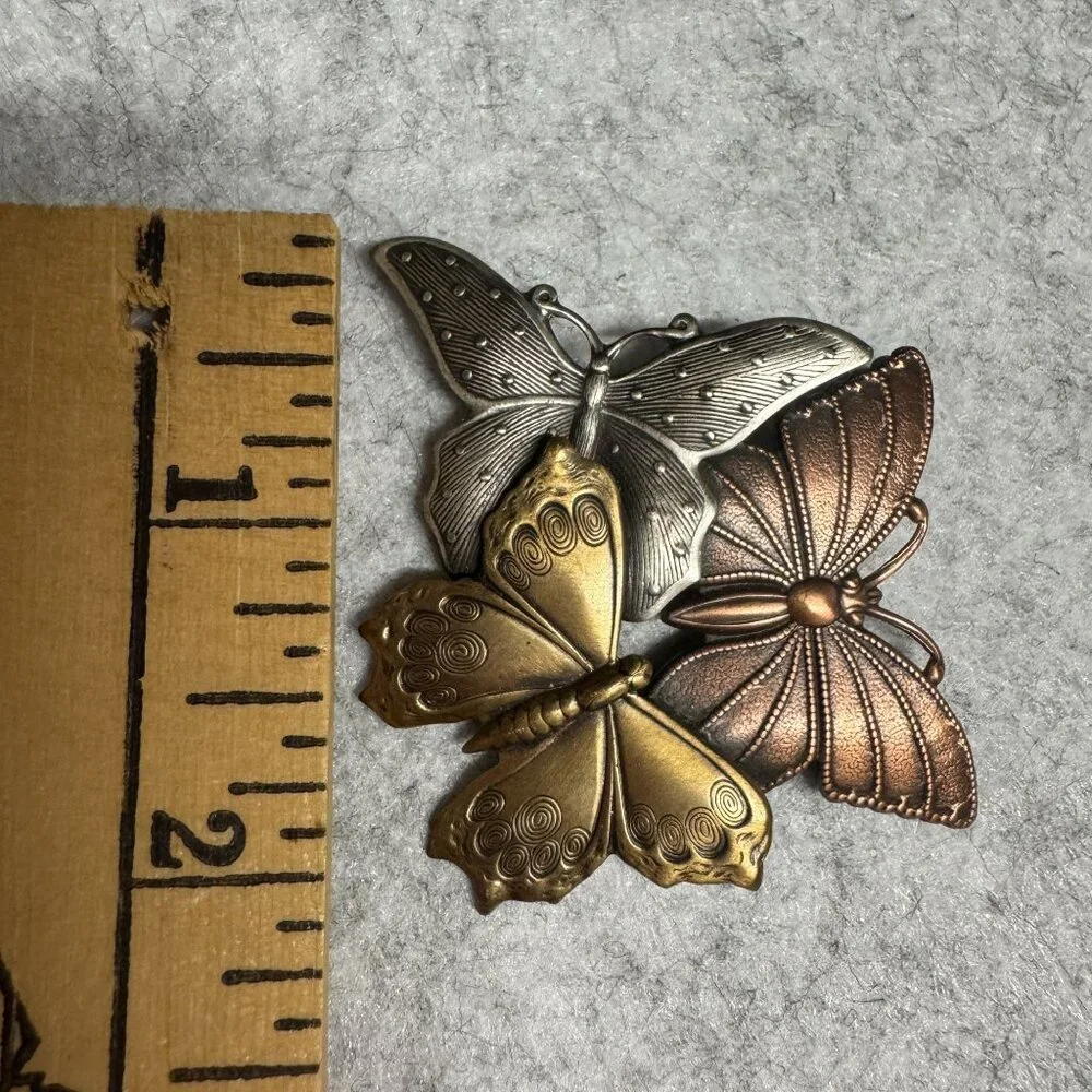 Vintage K&T Butterfly Trio Brooch Bronze/Gold/Silver Finish Metal Accent Pin - Picture 6 of 6